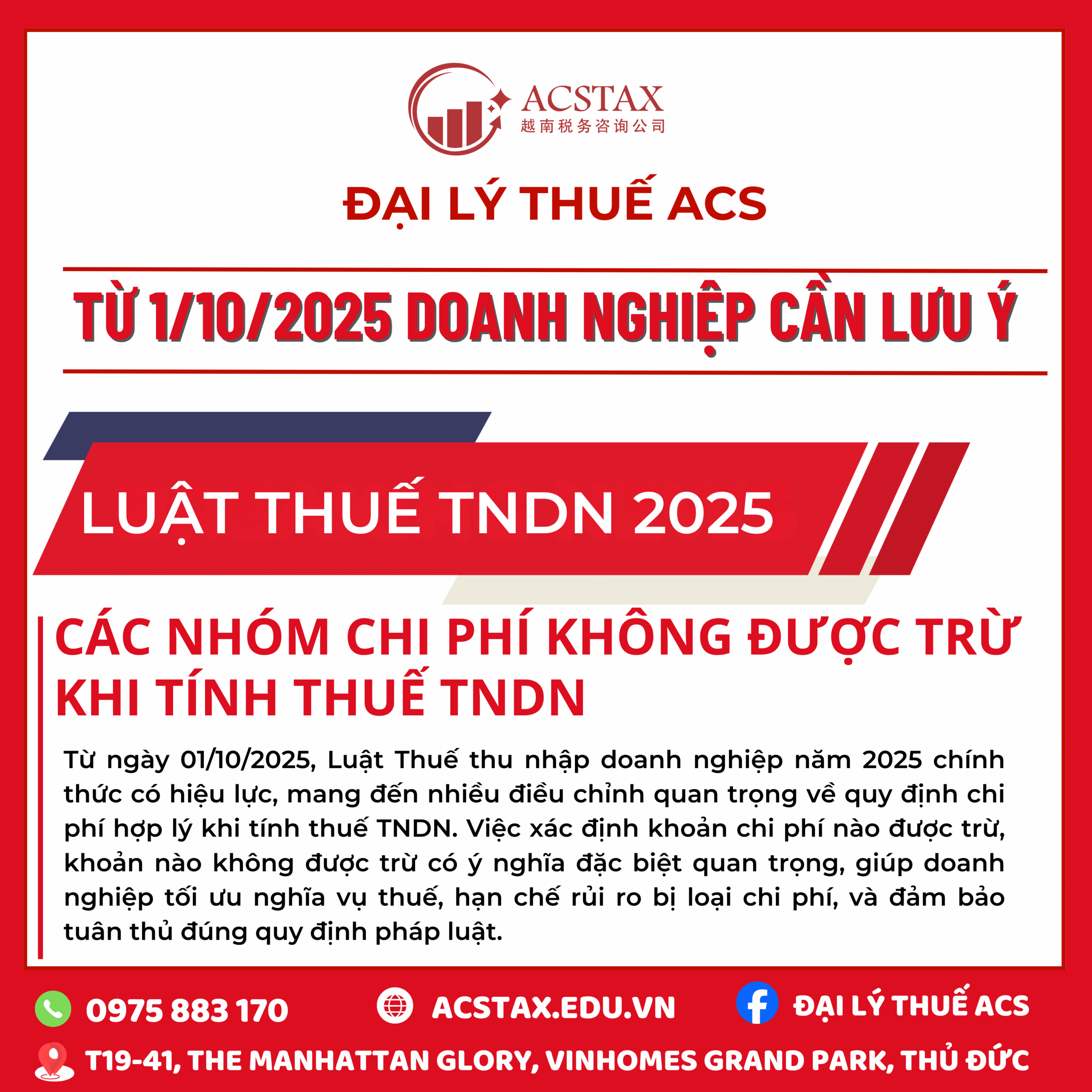 CÁC KHOẢN CHI PHÍ ĐƯỢC TRỪ & KHÔNG ĐƯỢC TRỪ TỪ 1/10/2025 THEO LUẬT THUẾ TNDN NĂM 2025